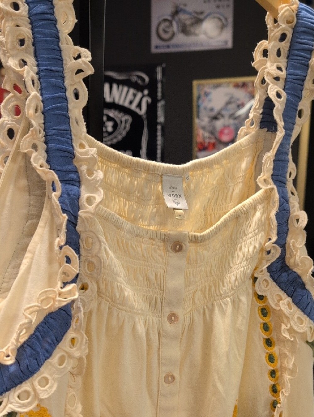 Cream Embroidered Pineapple Button-Front Tank Top with Blue Trim - Picture 7 of 11